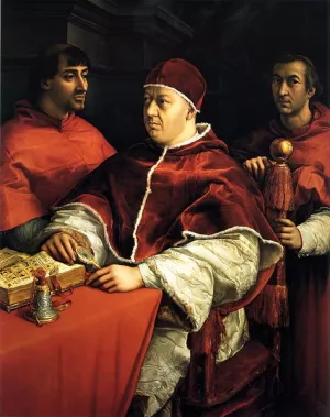 Portrait of Pope Leo X and His Cousins, Cardinals Giulio de' Medici and Luigi de' Rossi by Oil Painting Reproduction